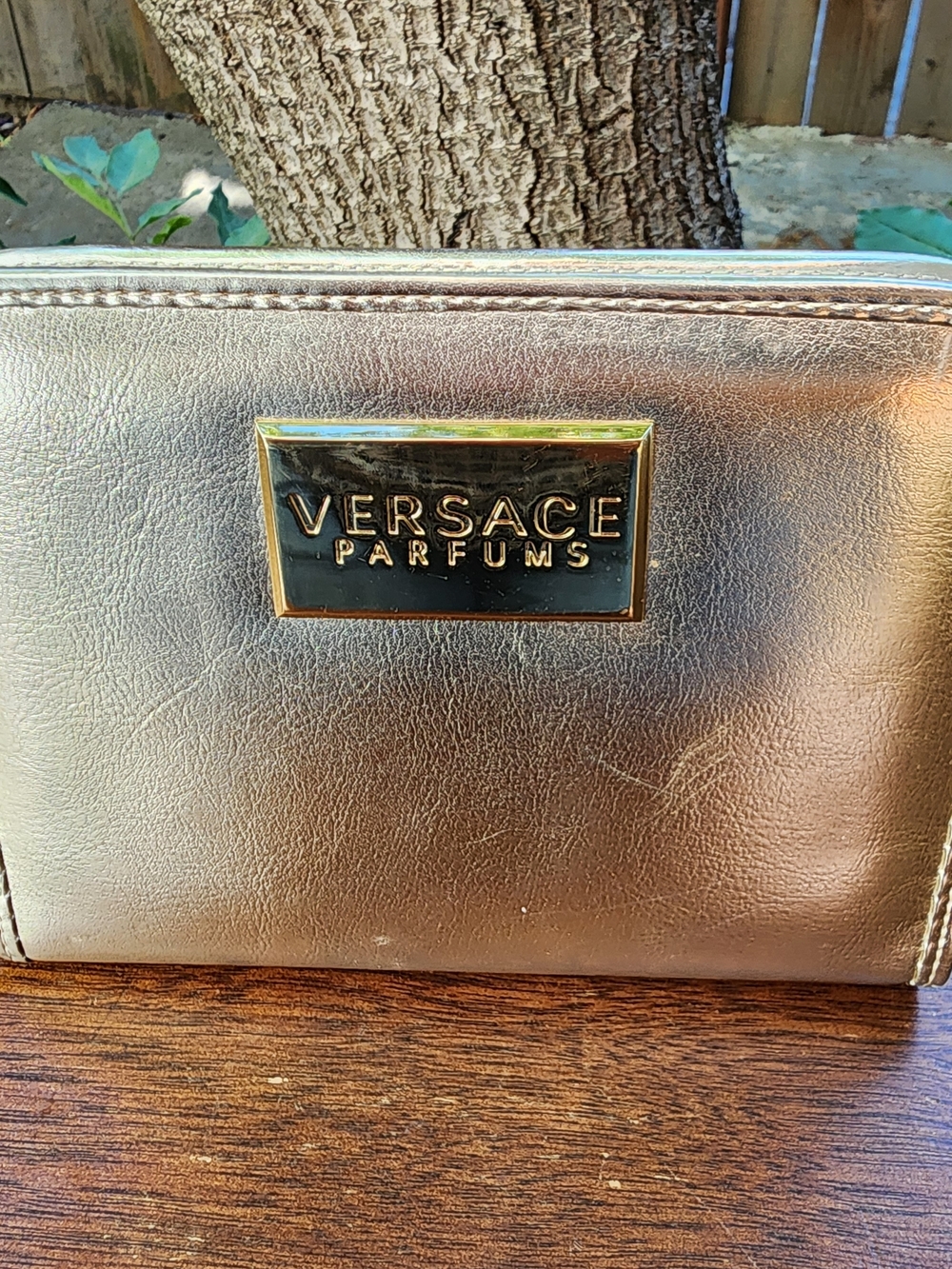 Versace Parfums Gold Metallic Zip Around Wallet Clutch Wristlet